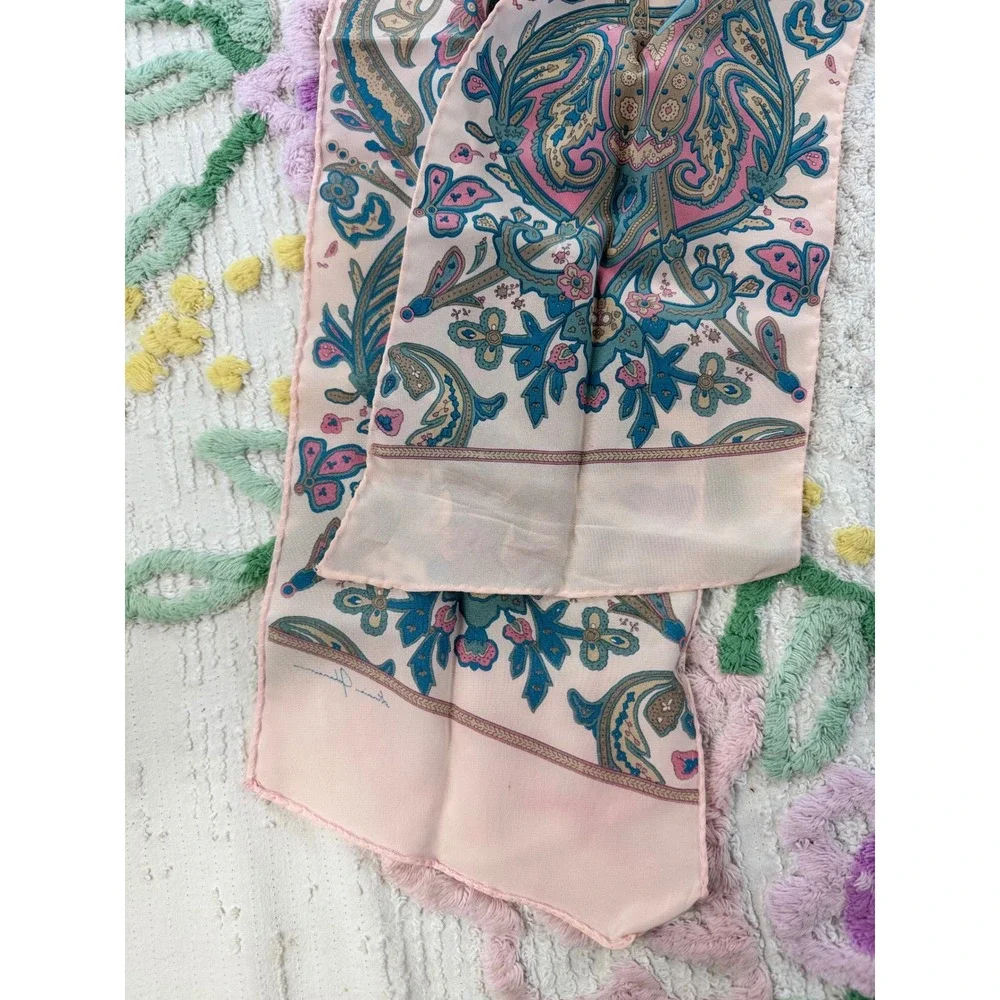Ginnie Johansen Vintage Paisley Floral Oblong Scarf Pink Teal Boho Accessory